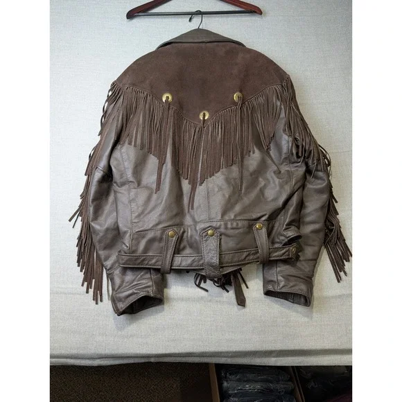 VTG Park V Leather Insulated Fringe Jacket Mens 46 Brown Suede Western Biker - Picture 10 of 11